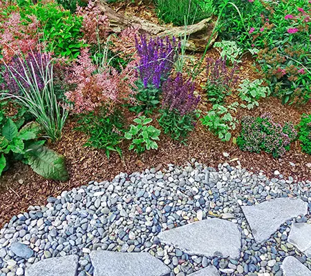 Backyard Garden Modern Designed Landscaping. Decorative Garden Design. Back Yard Lawn And Natural Mulched Border Between Grass, Plants And Pebble, Gravel Or Stone Walk Path.