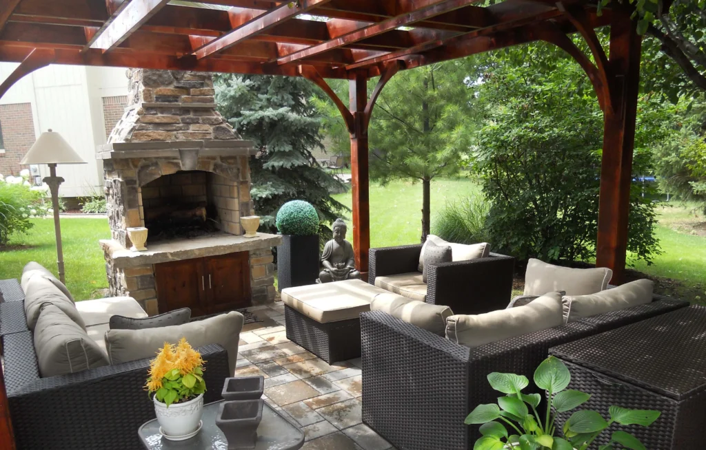 Outdoor fireplace with pergola